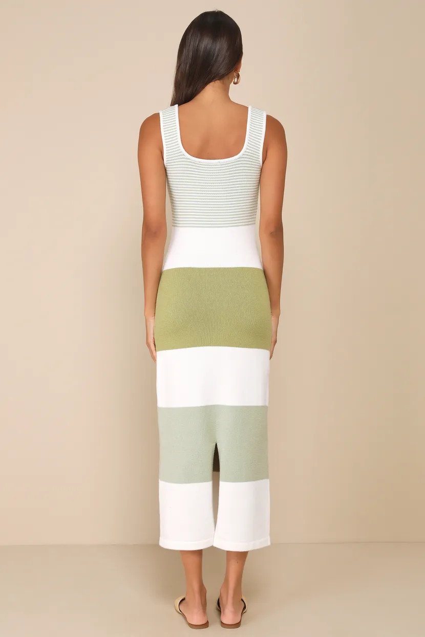 Easily Gorgeous Ivory and Sage Green Striped Midi Sweater Dress | Lulus