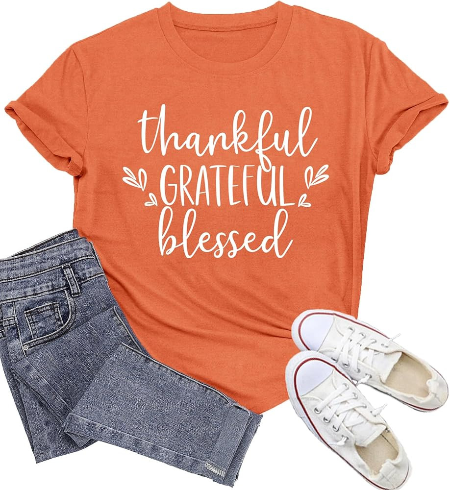 Thanksgiving Shirts for Women Fall Tshirts for Women Thankful Grateful Blessed Tee Tops | Amazon (US)