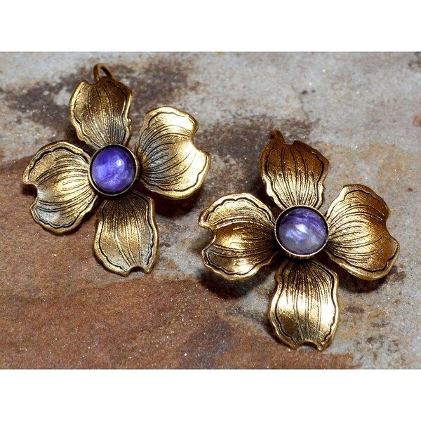 Handmade Antiqued Gold Dogwood Flower Earrings -Charoite (USA) | Bed Bath & Beyond