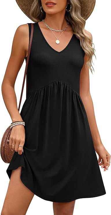 ANRABESS Dresses for Women Beach Vacation Clothes V Neck Sleeveless Loose Flowy A-Line Dress Summ... | Amazon (US)