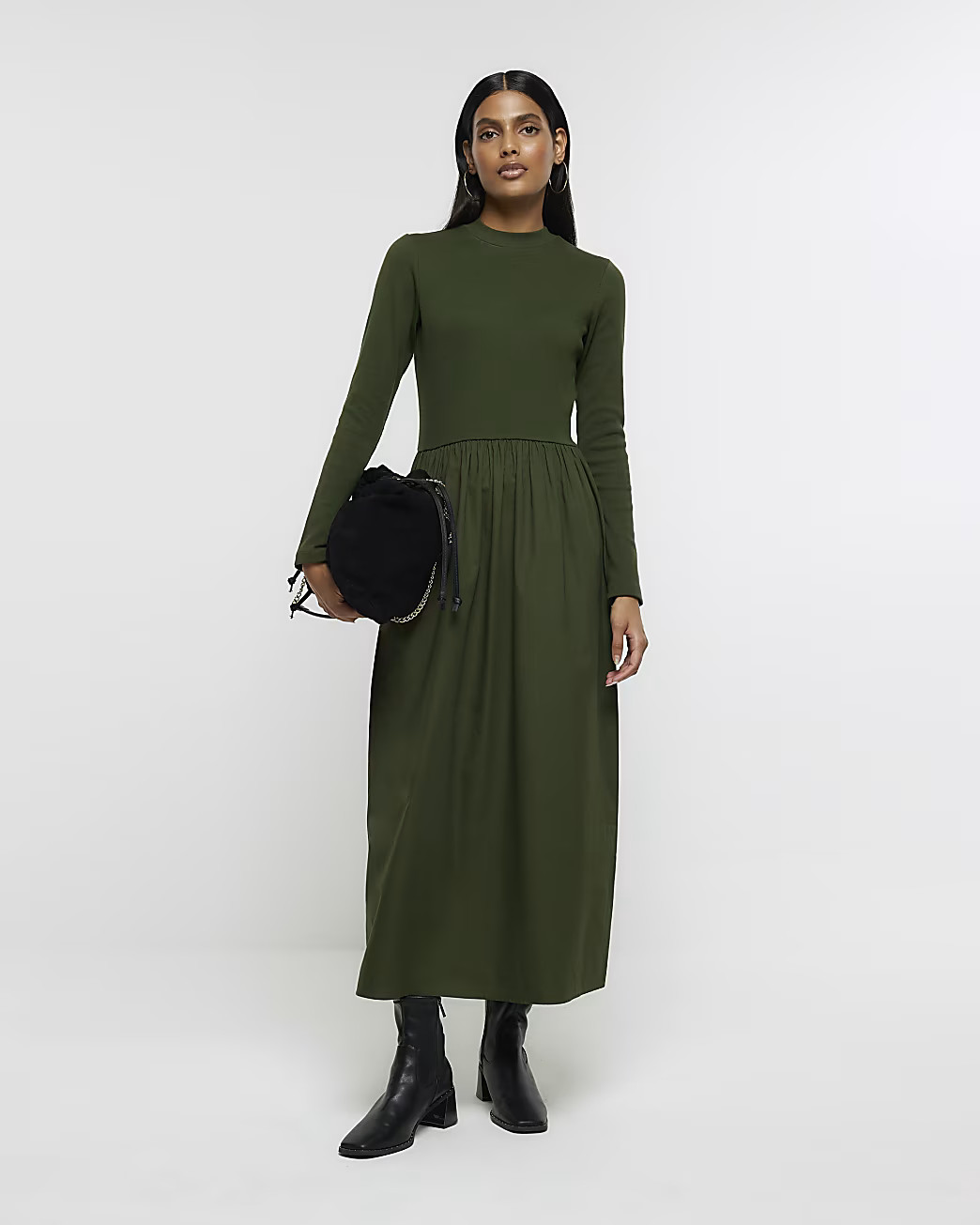 Khaki rib long sleeve smock midi dress | River Island (UK & IE)