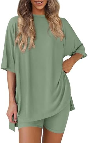 PRETTYGARDEN Women 2 Piece Lounge Set 2026 Summer Casual Oversized Shirts Biker Shorts Matching A... | Amazon (US)