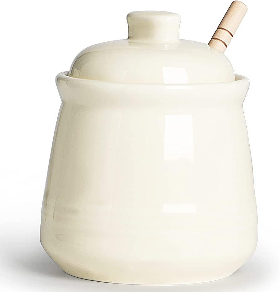 LEETOYI Porcelain Honey Jar with Lid and Honey Dipper,Ceramic Honey pot,12oz (Beige) | Amazon (US)