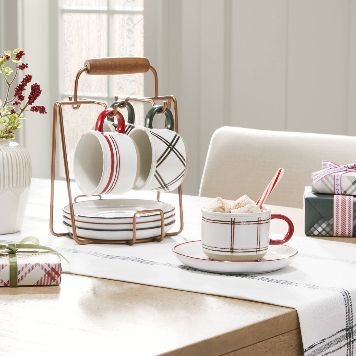 9pc Christmas Plaid Stripes Stoneware Mug & Saucer Caddy Set Red/Green/Cream - Hearth & Hand™ w... | Target