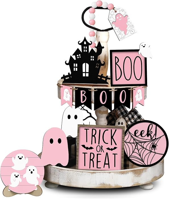 15 Pcs Halloween Tiered Tray Decor Set Cute Ghost Tray Decorations Boo Halloween Wooden Signs Far... | Amazon (US)