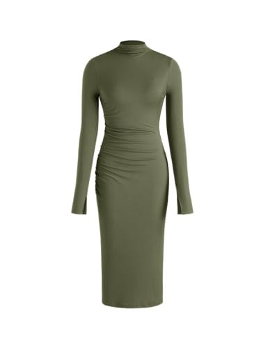 CIDER High Neck Solid Ruched Midi Dress: Olive Green, XS | Amazon (US)