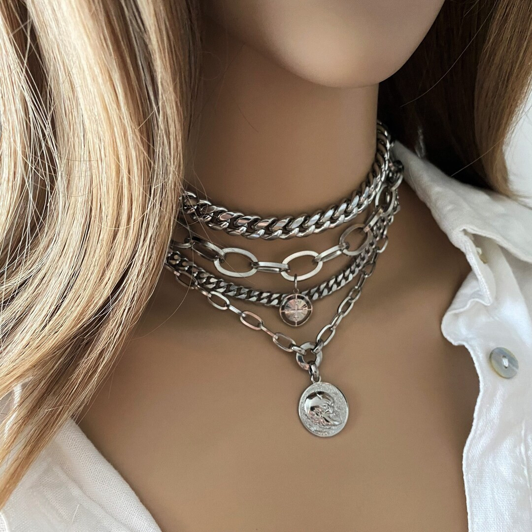 Chunky Multi Layer Necklace for Women in Stainless Steel Curb Chain and Skull Pendant Steel State... | Etsy (US)