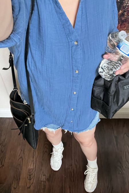 A day at the zoo attire in hot Texas! Breezy gauze button down, mom shorts from Abercrombie, New Balance 530 for extra comfort. Black crossbody (a must for staying hands free for active outings) and a black insulated tote for snacks.

#LTKActive #LTKMidsize #LTKSeasonal