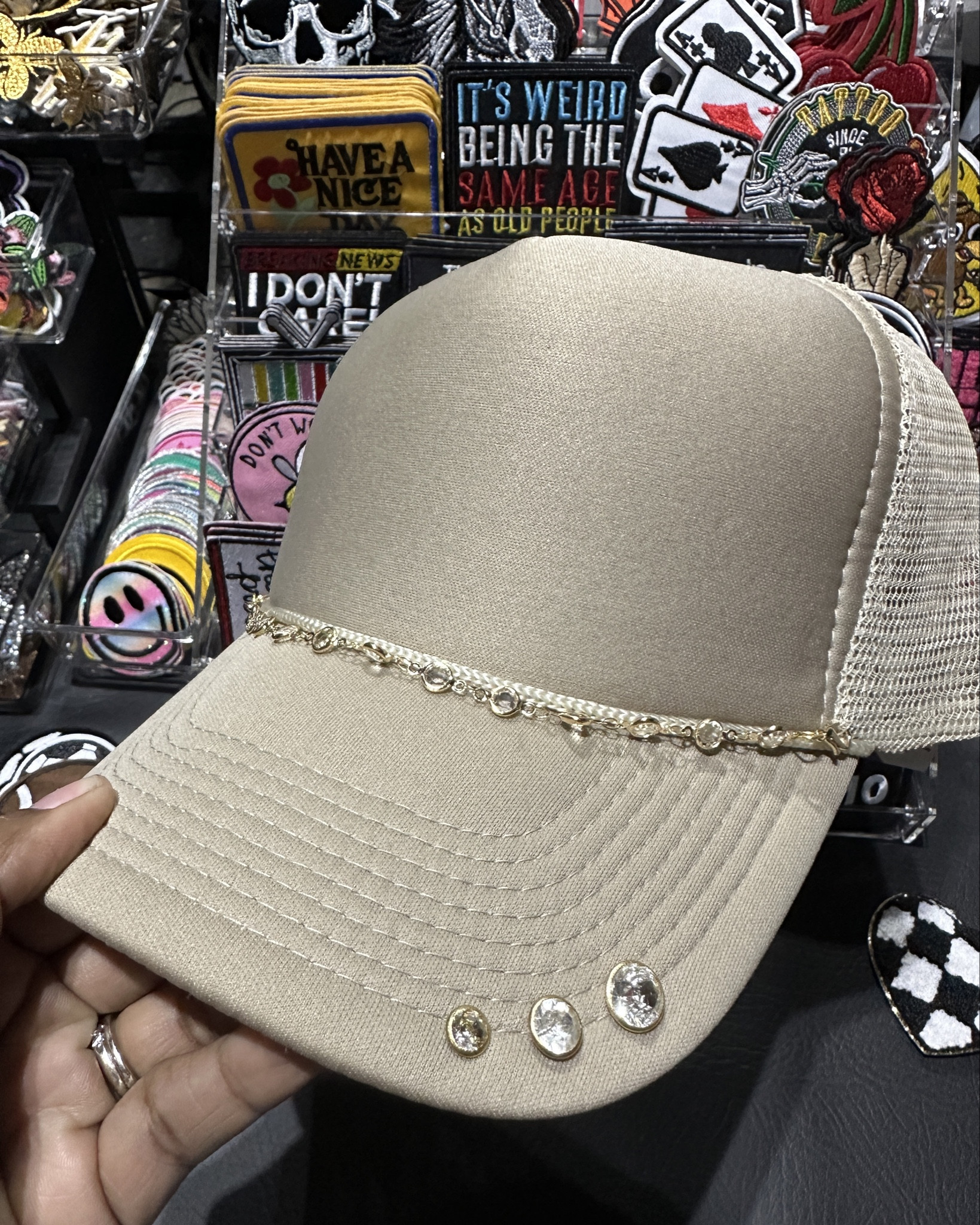 Trucker Hat Bar
✨Add rhinestone rivets or brooches to the brim of your next custom Hat design. ✨

#LTKfindsunder50 #LTKFestival #LTKstyletip