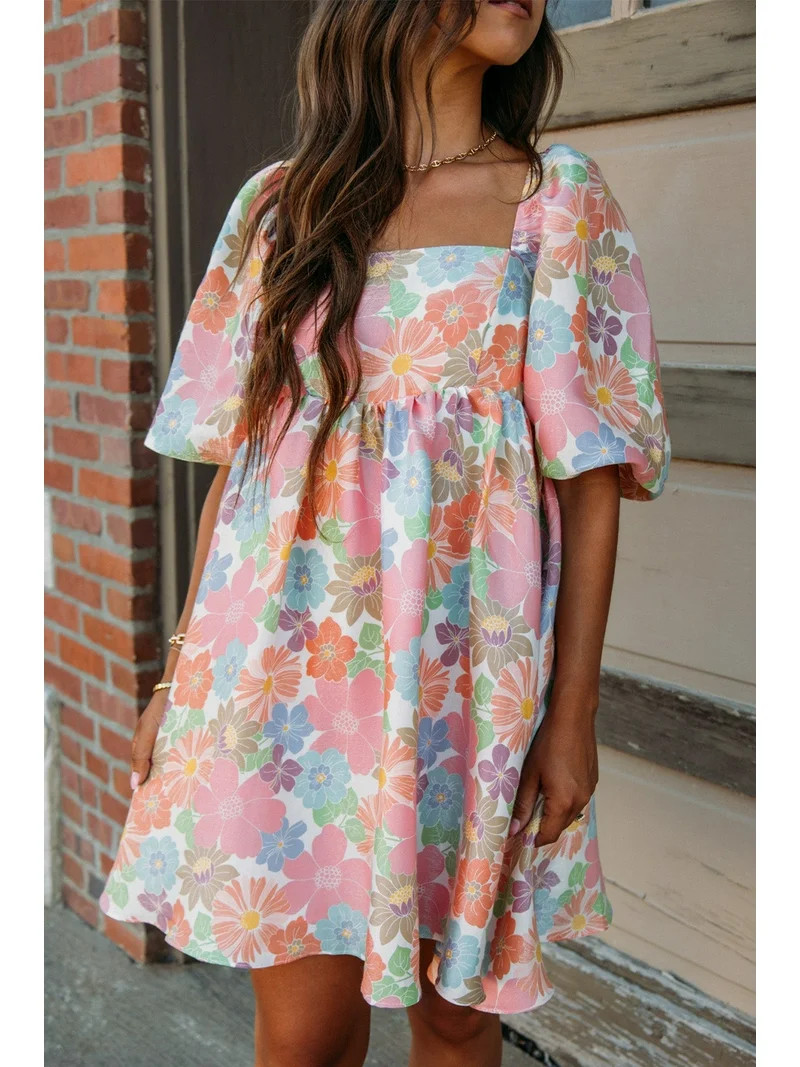 Ushdele Summer Elegance: Pink Floral Square Neck Puff Sleeve Mini Dress | Walmart (US)