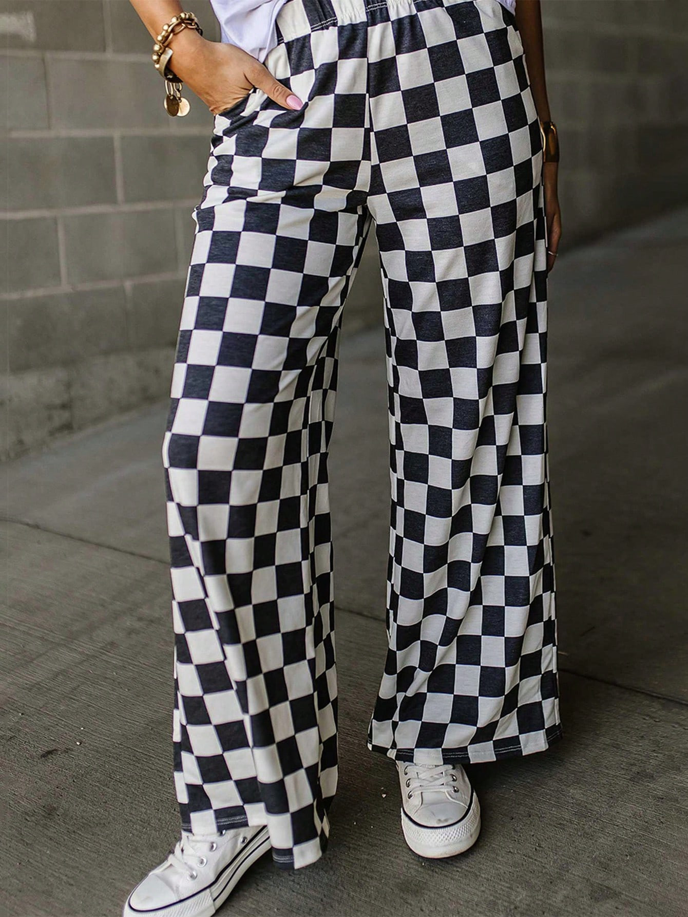 Women's Checkered Print High Waist Pocket Wide Leg Casual Pants | SHEIN