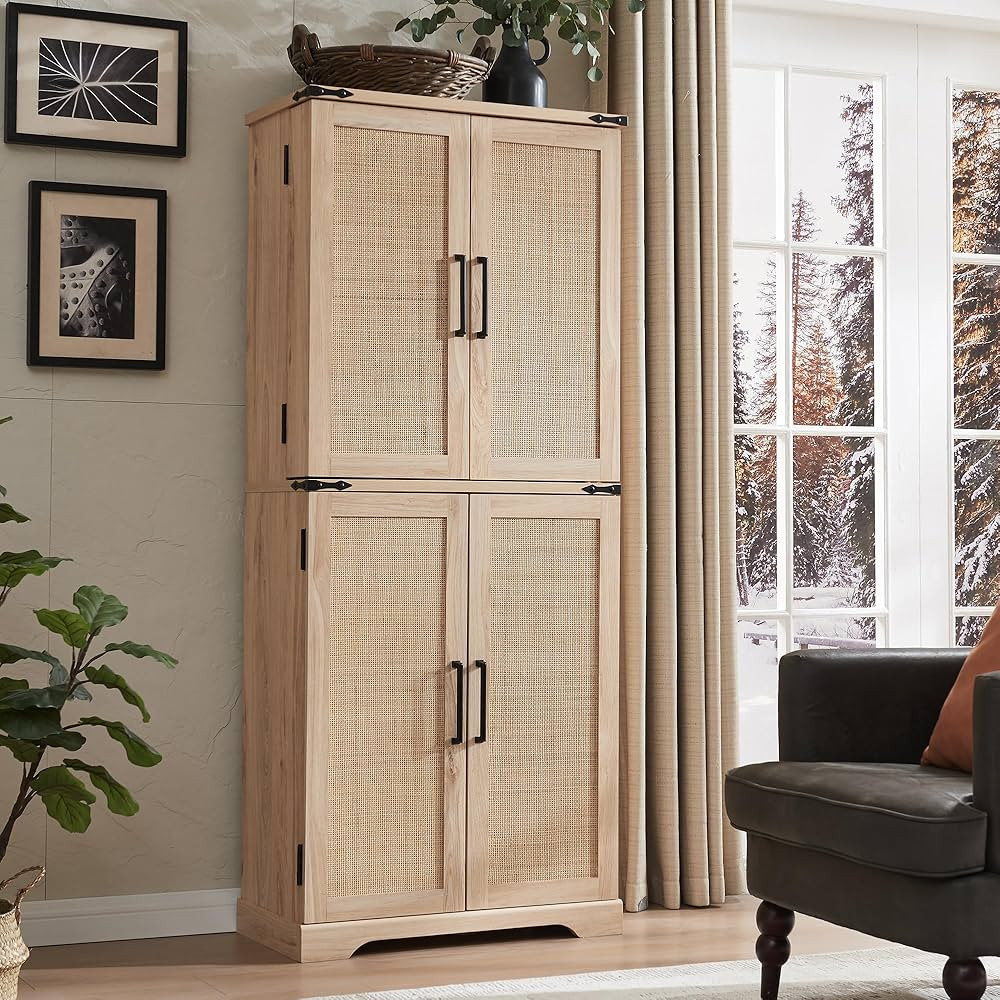 72" Tall Kitchen Pantry with Natural Rattan Doors, Storage Cabinet with Organizer, Drawer and Adj... | Amazon (US)
