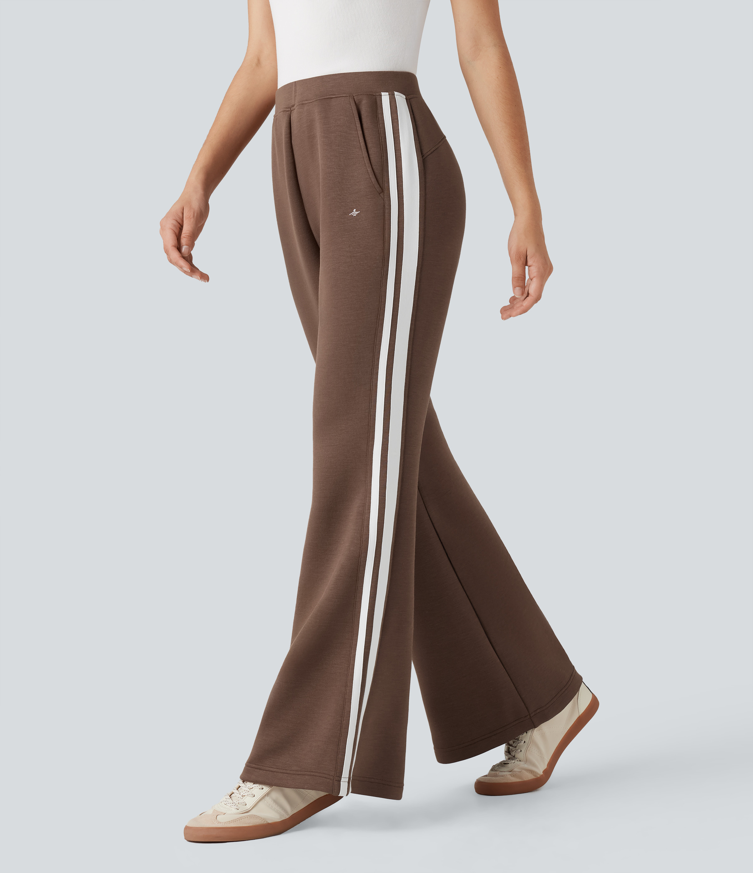 Halara Mid Rise Stripe Casual Flare Pants with Pockets - Cocoa Brown - XL(regular) sweatpants jogger pants stacked sweatpants cargo joggers | HALARA