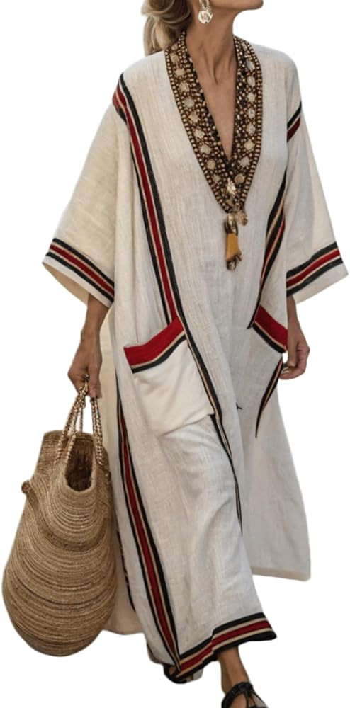 Women Linen Maxi Dresses 3/4 Sleeve V-Neck Loose-Fit Striped Long Dress Soft Flowing Drape for Ca... | Amazon (US)