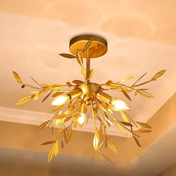 Wellmet 22in Gold Leaf Semi Flush Mount Light, 3-Light Modern Pendant Light, Ceiling Light Fixtur... | Amazon (US)