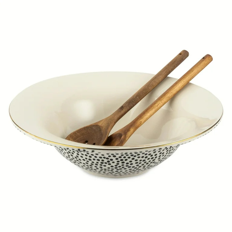 Thyme & Table Dot Ceramic 3-Piece Serve Bowl Black and White with Wood Serve Utensils | Walmart (US)