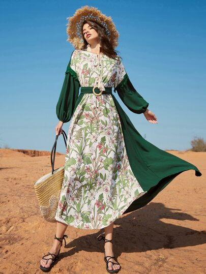 SHEIN Tie Neck Tassel Detail O-ring Belted Tropical Print Dress | SHEIN