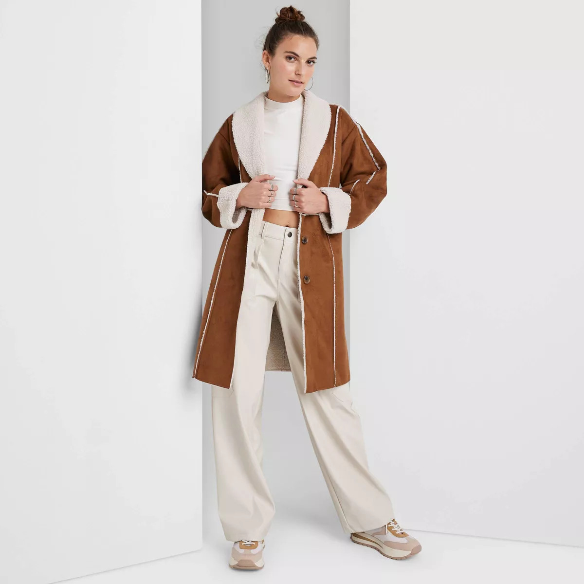 Women's Faux Shearling Long Coat - Wild Fable™ Brown | Target