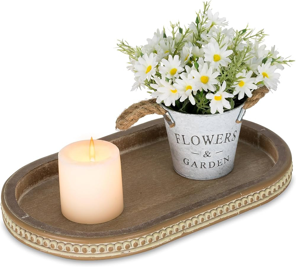 Hanobe Decorative Serving Tray Wood: Brown Bead Oval Tray for Coffee Table Rustic Wooden Trays De... | Amazon (US)