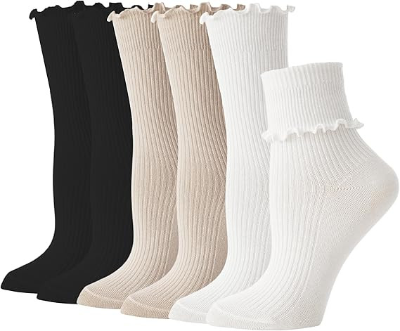 BONANGEL Ruffle Socks Woman,White Ruffle Frilly Socks Women,6 Pairs Cute Turn-Cuff Lettuce Edge A... | Amazon (US)