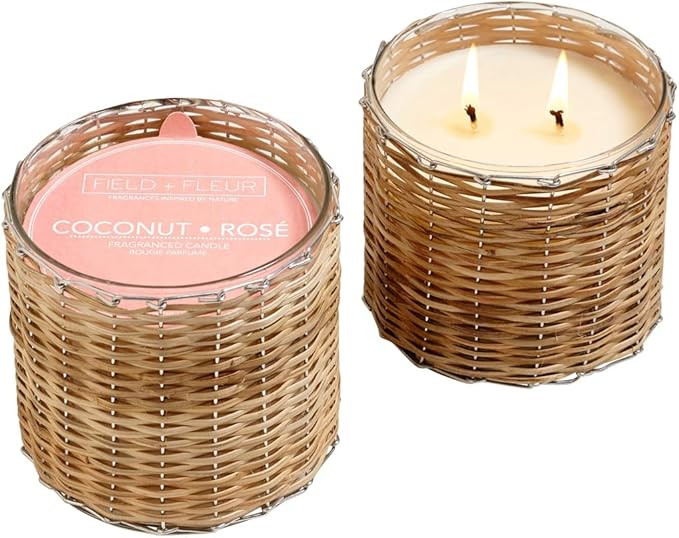 Field + Fleur by Hillhouse Naturals Coconut Rose 2 Wick Hand Woven Glass Candle with Notes of dew... | Amazon (US)