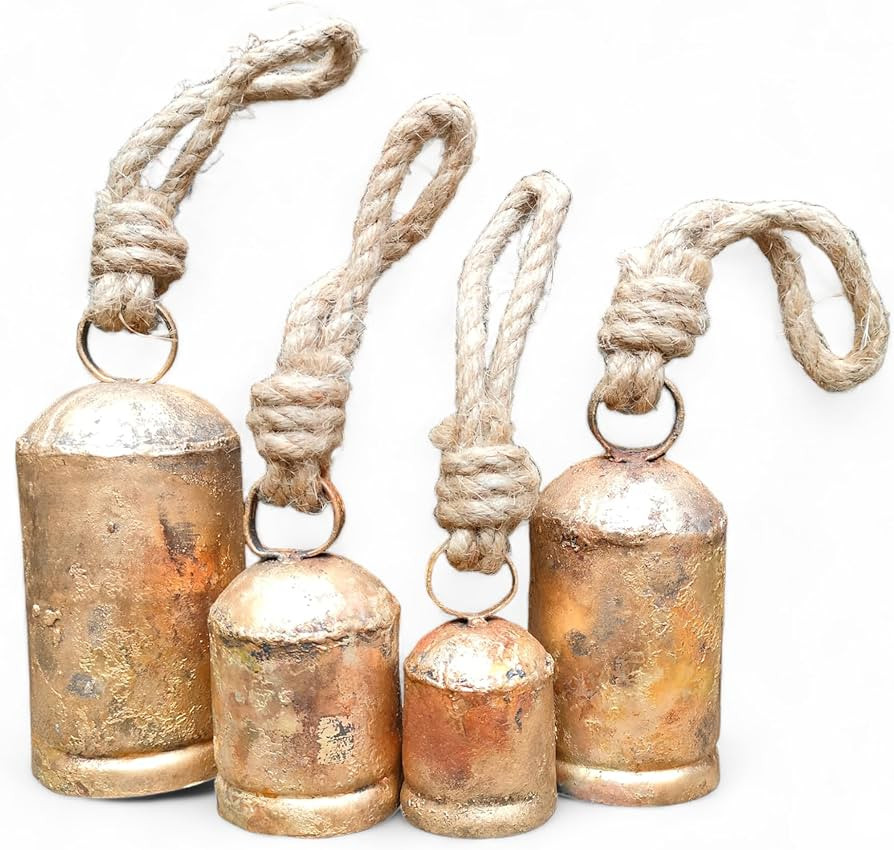 Set of 4 Metal Christmas Bells for Decoration Rustic Brass Gold Large Bell Cow Hanging | Amazon (US)
