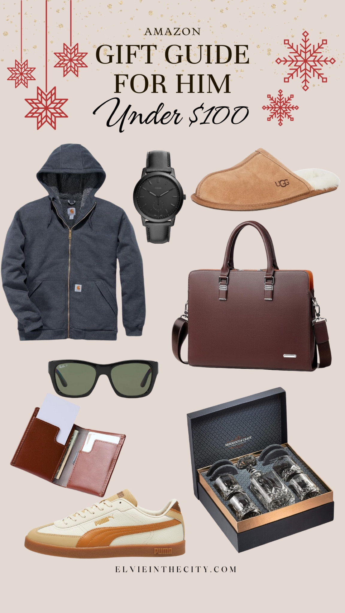 This gift guide for him is all under $100 and includes a Carhartt sweatshirt, a Fossil watch, Ugg slippers, Ray Ban sunglasses, a briefcase, a leather wallet, a whisky set, and Puma sneakers.

Gifts for him, gifts for men, gifts under 100, gift guide

#LTKGiftGuide #LTKStyleTip #LTKFindsUnder100