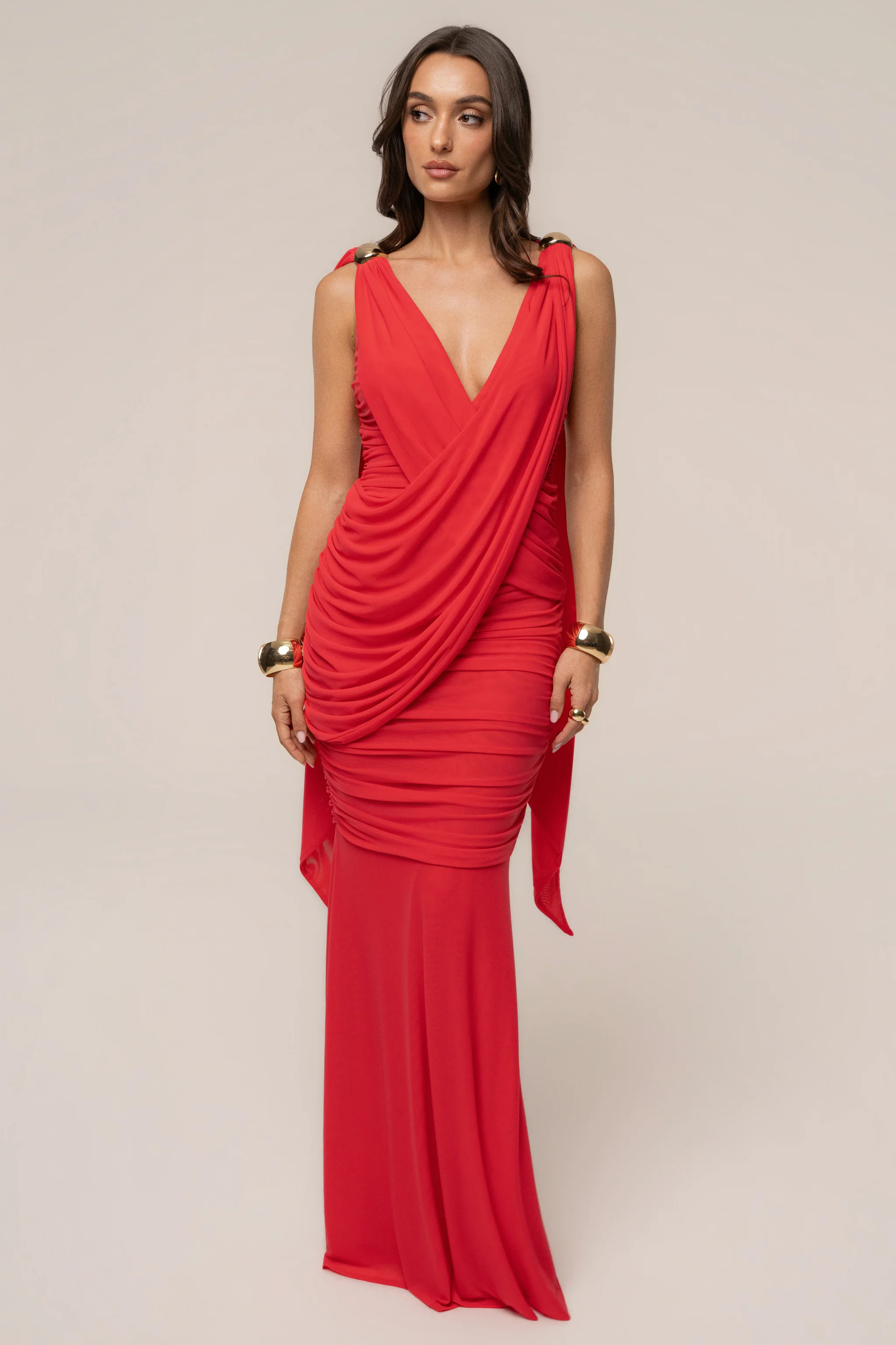 Hot Coral Anastassia Gold Accent Dress | JLUXLABEL US