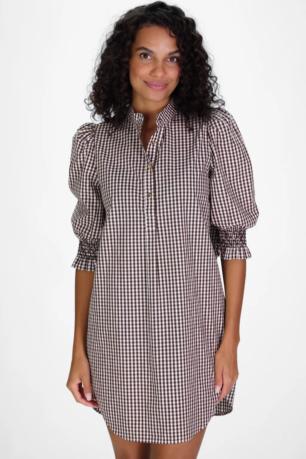 Percy Popover Dress in Brown Gingham | Duffield Lane