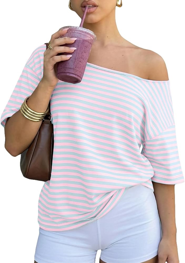Cioatin Women Oversized Off Shoulder Striped Tee Tops Y2K Aesthetic Clean Fit Short Sleeve Tshirt... | Amazon (US)