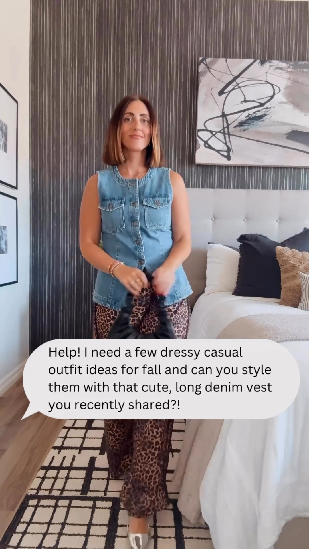 Three ways to style this long denim vest for fall! 🫶🏻🤌🏻

-Wide leg, olive denim, size 6
- leopard track pants, size small 
- black flare trousers - size 4 
- vest - size 4

#LTKSaleAlert #LTKOver40 #LTKFindsUnder50