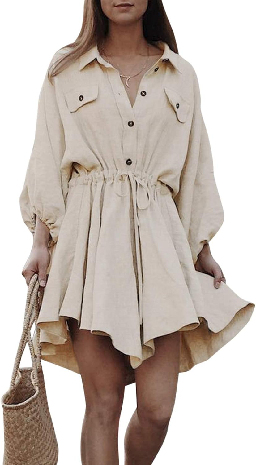Miessial Women's Cotton Linen Pleated Solid Casual Mini Dress Button Up Short Dress with Drawstri... | Amazon (US)