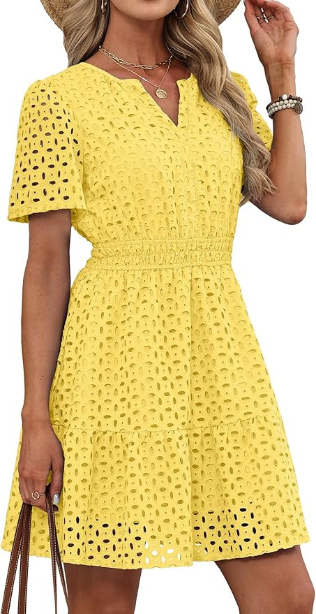 RUMIA Womens Dresses 2026 Summer V Neck Eyelet Lace A Line Short Dress | Amazon (US)