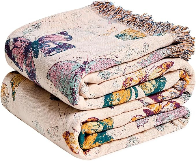 MSGKV Boho Throw Blanket for Bed Cotton Butterfly Twin Size Couch Blanket 60"x80" Muslin Spring B... | Amazon (US)