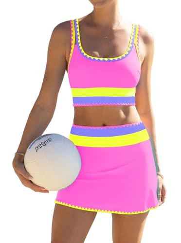 popvil High Waisted Bikini Sets for Women Tummy Control Swimsuits 3 Piece Bathing Suits Neon Swimwear with Skirt 2026 Pink Purple X-Large | Amazon (US)