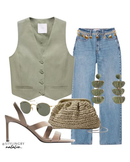 Green waistcoat, high rise jeans, gold chain belt, raffia earrings, heeled sandals, green straw clutch bag & Ray ban sunglasses.
Green outfit, weekend outfit, going out.

#LTKstyletip #LTKeurope #LTKmidsize