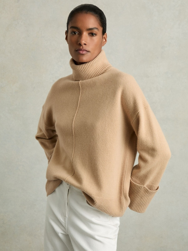 Casual Wool-Cashmere Roll Neck Jumper in Camel | Reiss UK