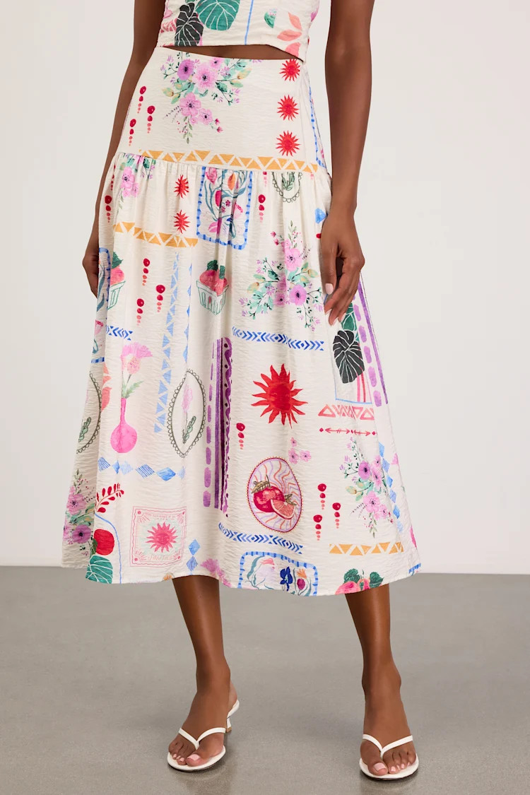 Fabella White Multi Print Textured Midi Skirt | Lulus
