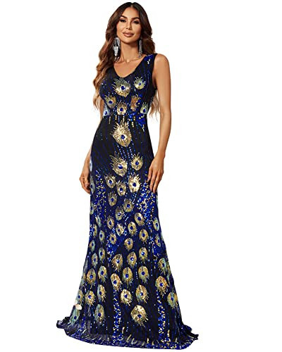 Women's Vintage Peacock Sequin Dresses V Neck Party Prom Evening Maxi Dress | Amazon (US)