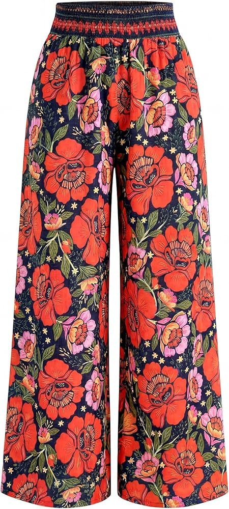 BTFBM Wide Leg Pants Woman 2026 Summer Smocked Waist Floral Pant Resort Wear Spring Beach Vacatio... | Amazon (US)