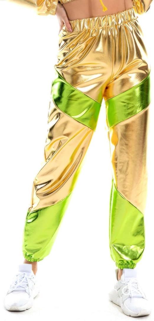 UANEO Womens Shiny Color Block Metallic Holographic Elastic Waist Jogger Pants | Amazon (US)