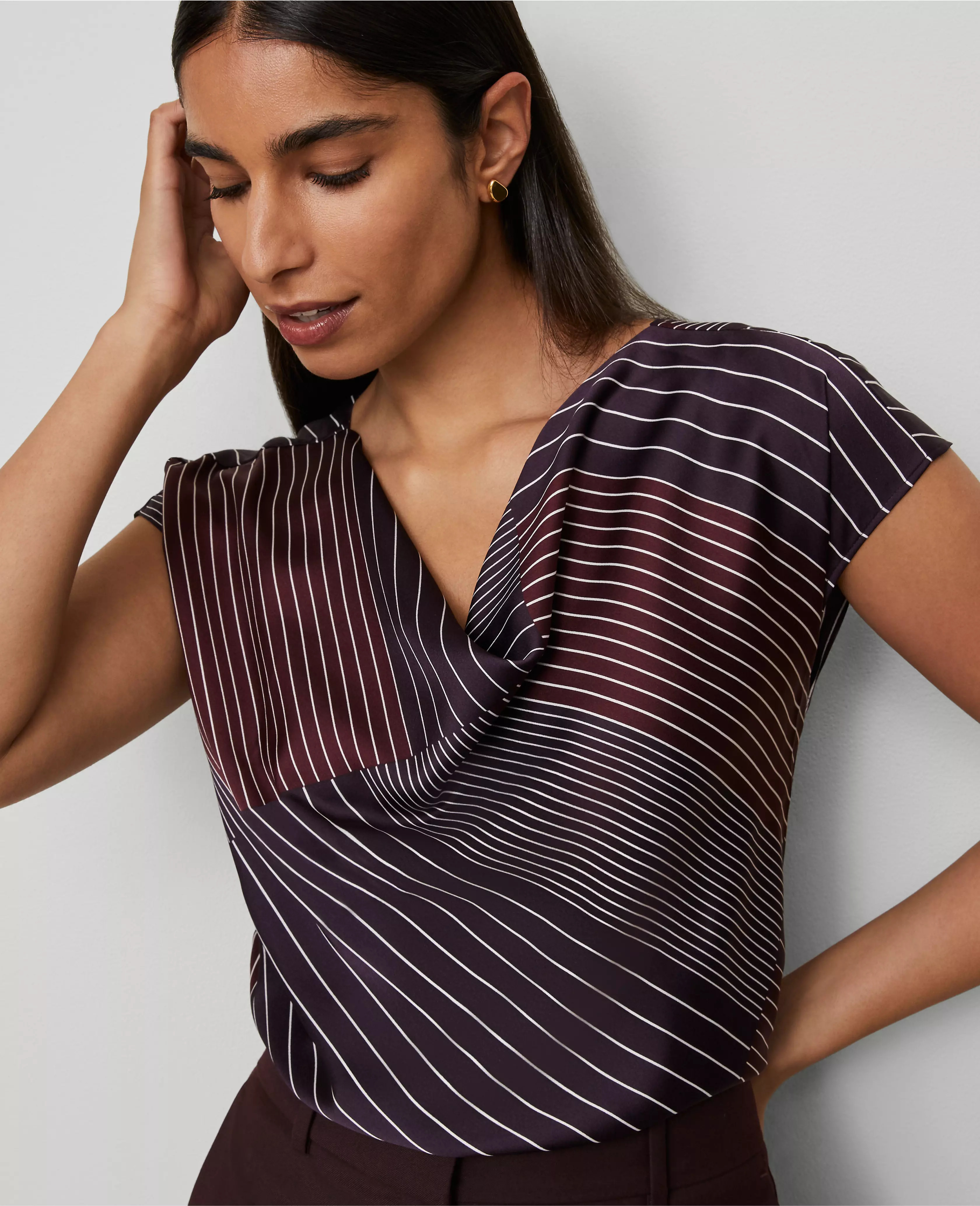 Striped Satin Cowl Neck Top | Ann Taylor