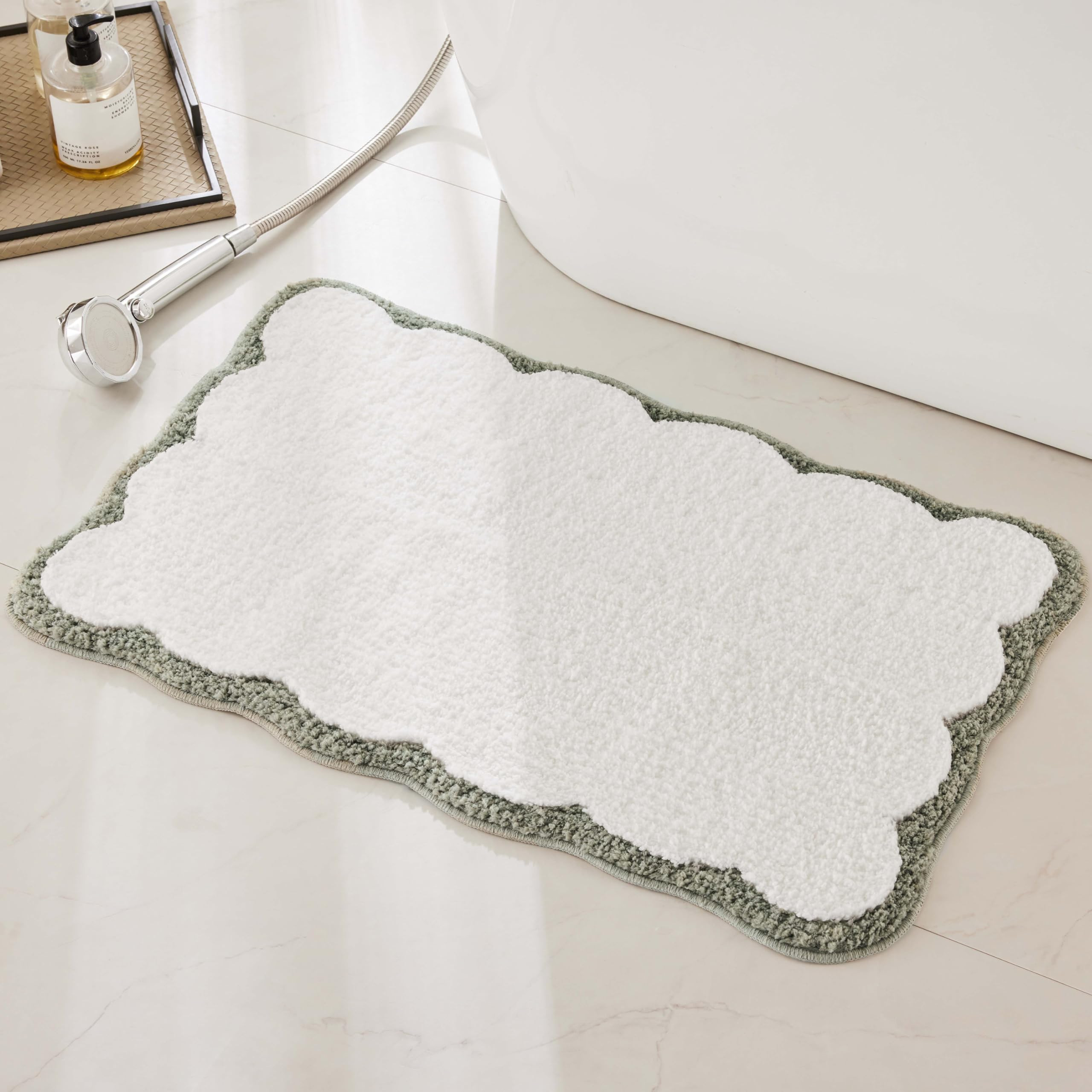 Luxury Microfiber Bathroom Rugs, White Bath Rug with Oliver Green Scalloped Piping Cute Aesthetic... | Amazon (US)
