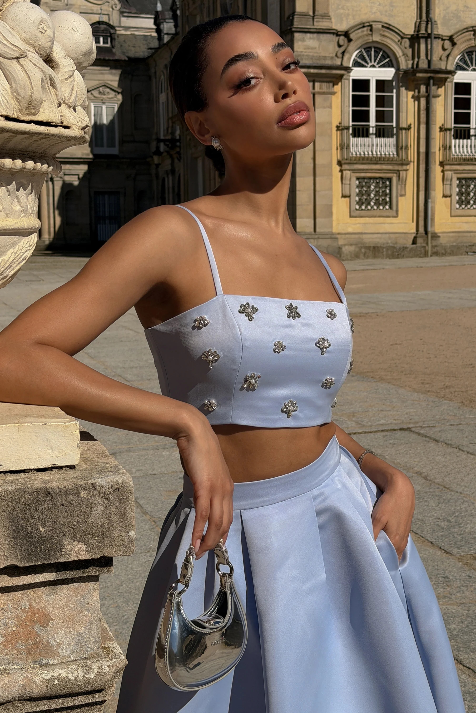 Vienna | Blue Embellished Satin Crop Top | Club L London