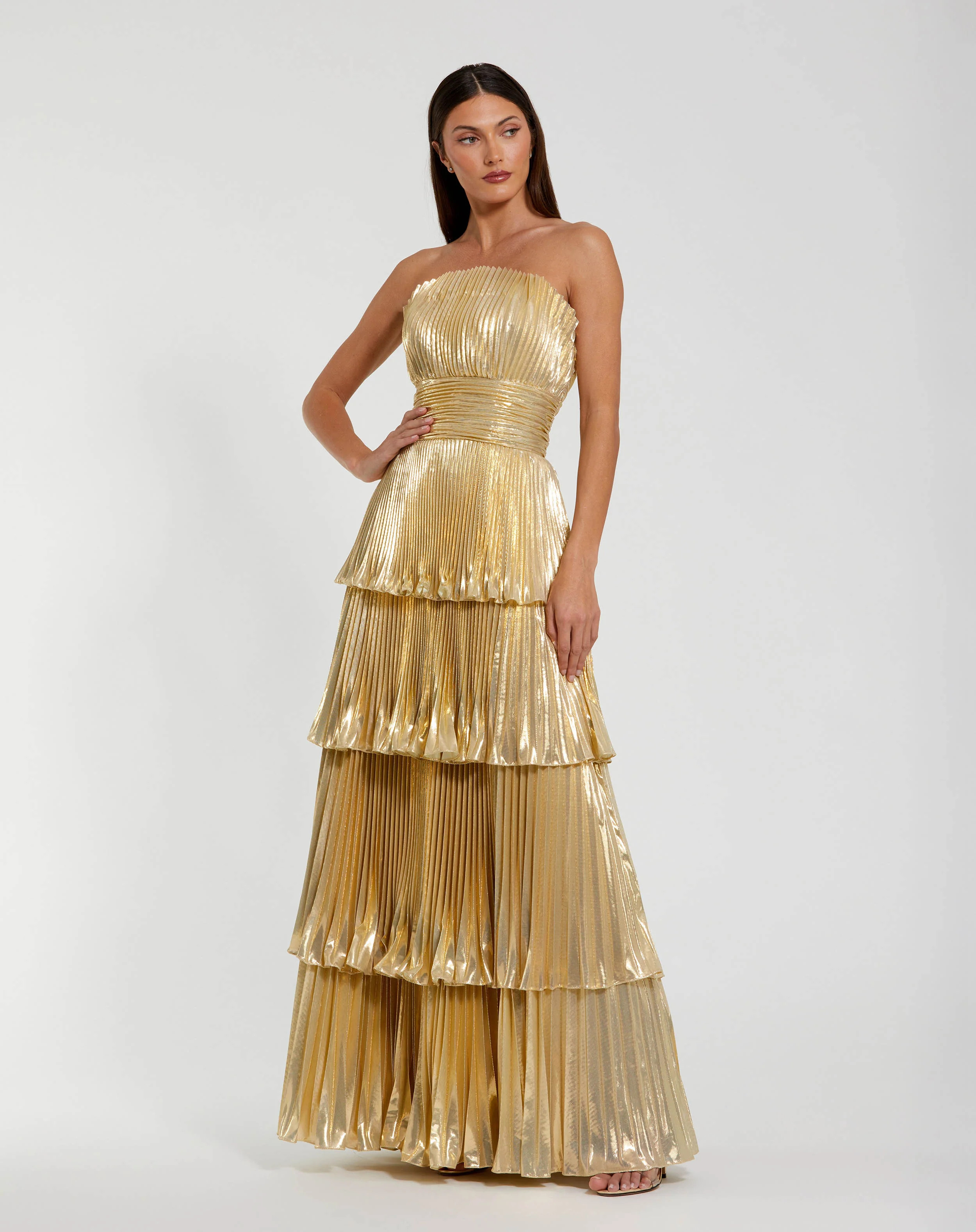 Petite Gold Strapless Pleated Metallic Layered Ruffle Gown | Mac Duggal | Mac Duggal