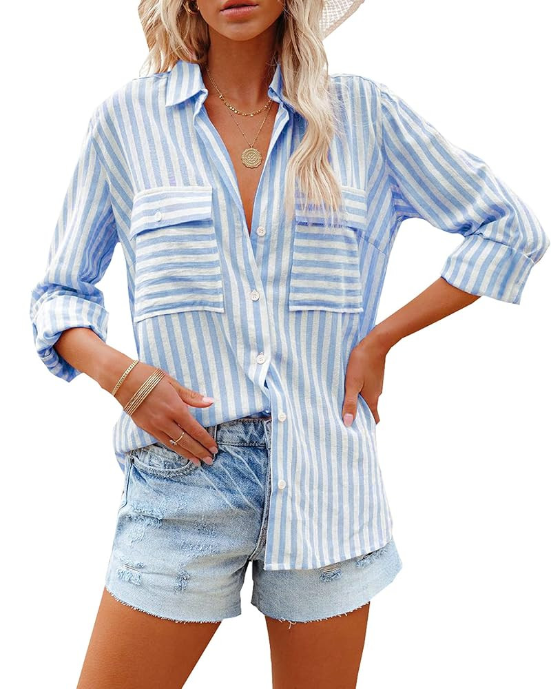 OMSJ Women's Striped Button Down Shirts Casual Long Sleeve Stylish V Neck Blouses Tops with Pocke... | Amazon (US)