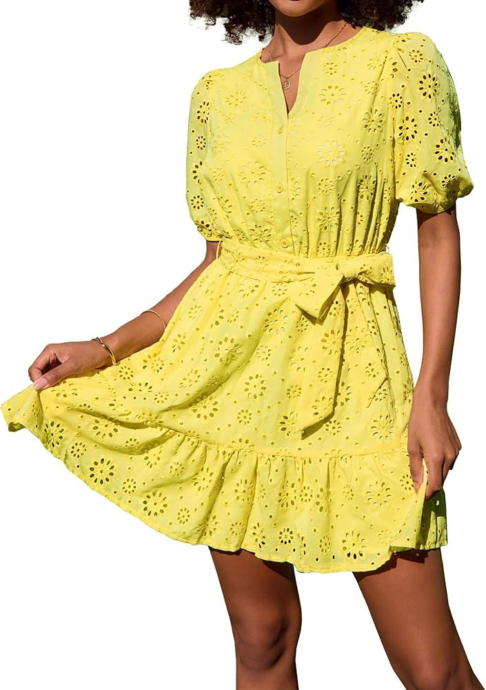 GRACE KARIN Womens Eyelet Vacation Dress Summer Casual A-line Mini Sundress Puff Sleeve Tie V Nec... | Amazon (US)