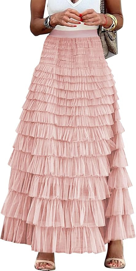 Gihuo Women's Long Maxi Tulle Skirts A Line High Waisted Tiered Layered Midi Skirt Mesh Ruffle Tu... | Amazon (US)