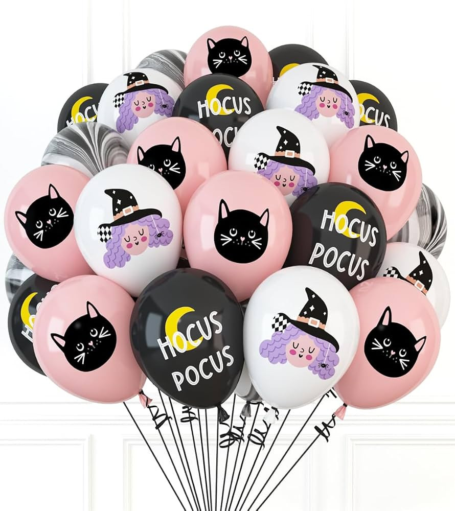 HOUSE OF PARTY Halloween Balloons Set, Pink Black Cute Witch Cat Hocus Pocus Latex Balloon, Hallo... | Amazon (US)