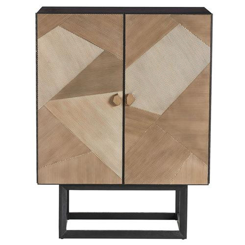 Arteriors Gatsby Hollywood Regency Gold Oak Patterned Wood Black Frame 2 Door Bar Cabinet | Kathy Kuo Home